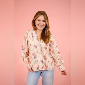 NWOT Entro Boutique Striped and Floral Ruffle Blouse
